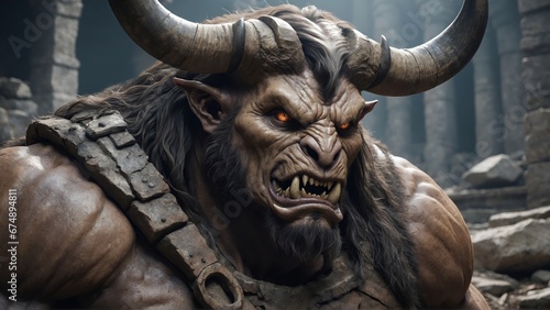 In Greek mythology  the Minotaur is a mythical creature portrayed during classical antiquity with the head and tail of a bull and the body of a man. 4K - 8K - 12K TV. Generative AI.