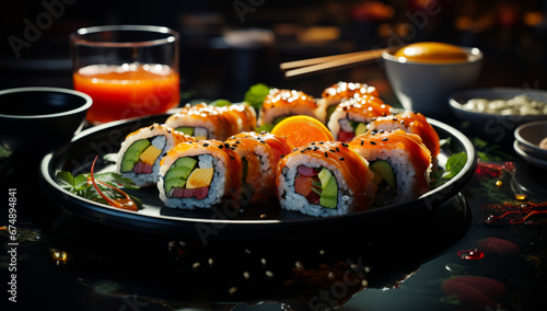 A Delicious Assortment of Fresh Sushi Rolls Served with Chopsticks and Flavorful Sauce