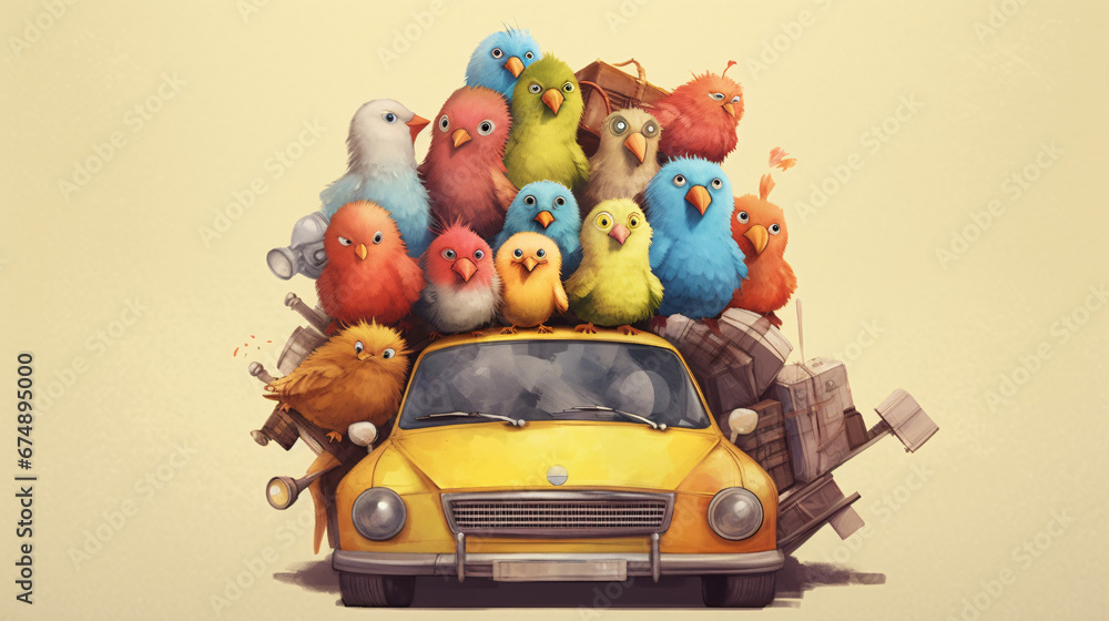 Obraz premium Cute birds with a car