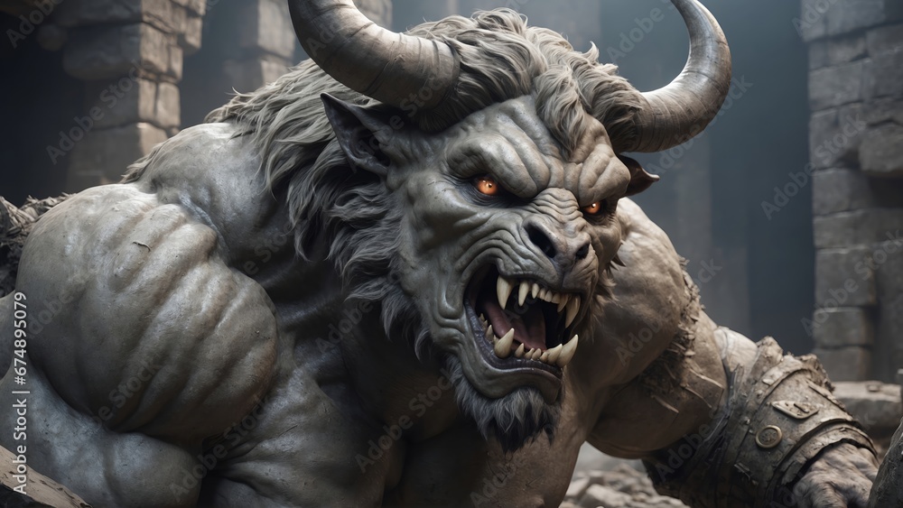 In Greek mythology, the Minotaur is a mythical creature portrayed during classical antiquity with the head and tail of a bull and the body of a man. 4K - 8K - 12K TV. Generative AI. In Greek mythology, the Minotaur is a mythical creature portrayed during classical antiquity with the head and tail of a bull and the body of a man. 4K - 8K - 12K TV. Generative AI.