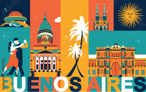 Buenos Aires culture travel night set, famous architectures specialties in flat design. Business Argentinian tourism concept clipart. Image presentation, banner, website, advert, flyer, roadmap, icon