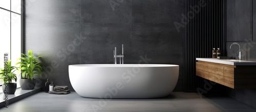 Modern bathroom interior with blue and white tones wall  concrete floor  wooden vanity with black sink and oval mirror  white bathtub  panoramic windows.