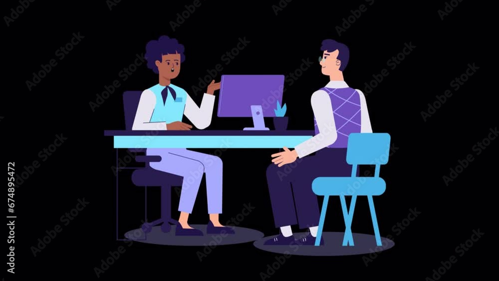 Manager and a Client animation. Bank service, finance, credit, deposit consult. Worker Receptionist Providing information to customer, Financial consultation. HR hiring employee Manager and a Client animation. Bank service, finance, credit, deposit consult. Worker Receptionist Providing information to customer, Financial consultation. HR hiring employee