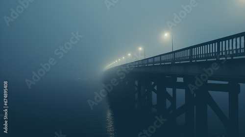 Mysterious bridge with glowing lights stretching into the distance and fading into the mist. Gloomy twilight. Liminal space concept. Copy space. photo