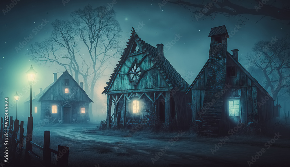 Haunted village with wooden rustic houses. Old ghost town in hazy moonlight. Traditional rural settlement on a Halloween night. - obrazy, fototapety, plakaty 