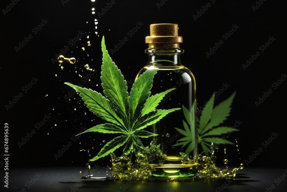 Medical cannabis liquid glass bottle oil splash. ai generative Medical cannabis liquid glass bottle oil splash. ai generative