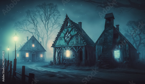 Haunted village with wooden rustic houses. Old ghost town in hazy moonlight. Traditional rural settlement on a Halloween night.