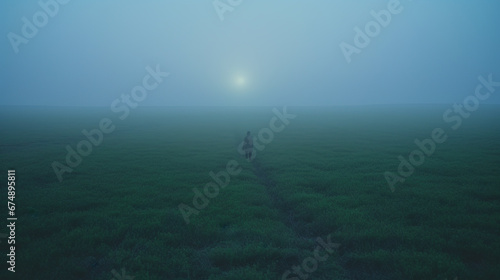 Person walking in the dark and misty green field towards a glowing ball of light. Foggy summer landscape in twilight. photo