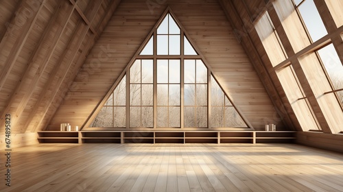Modern contemporary empty room in a wooden building showing a trussed structure on the wall 3d render. At the end of the room is a corridor lit by natural light. There is a blank wall for content.