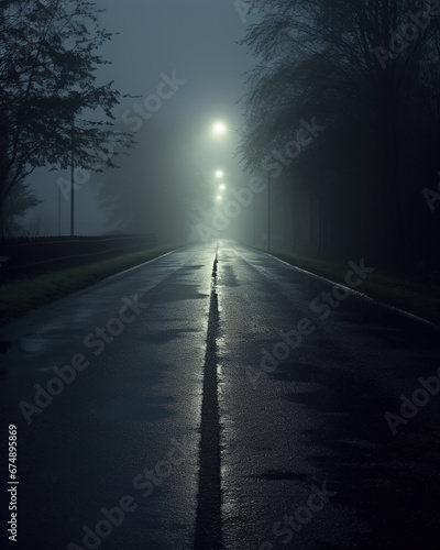 Mysterious dark road stretching into the distance and fading into the mist on an eerie night. Streetlights reflecting on wet asphalt surface. © Studio Light & Shade