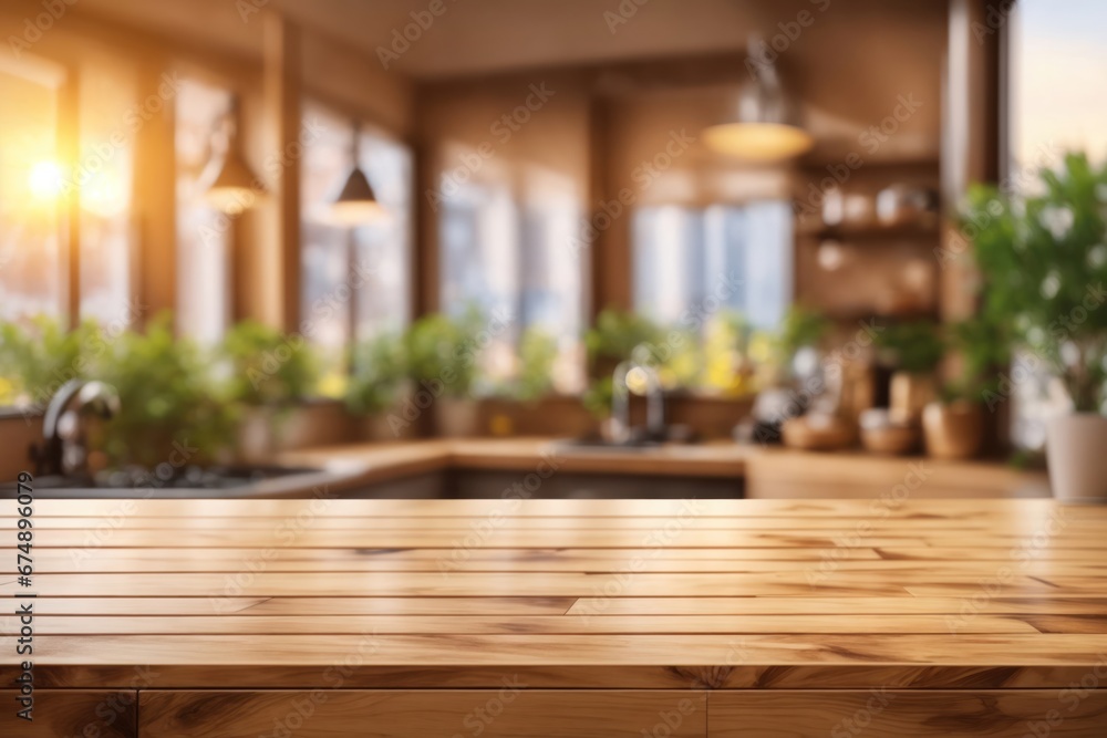 Wooden texture table top on blurred kitchen window. ai generative Wooden texture table top on blurred kitchen window. ai generative