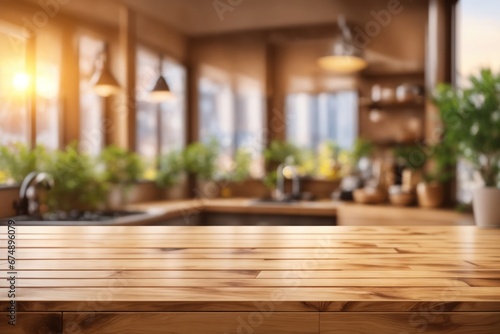 Wooden texture table top on blurred kitchen window. ai generative