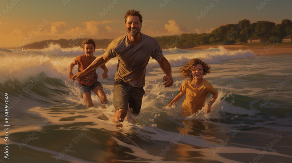 A family runs in the waves at sunset