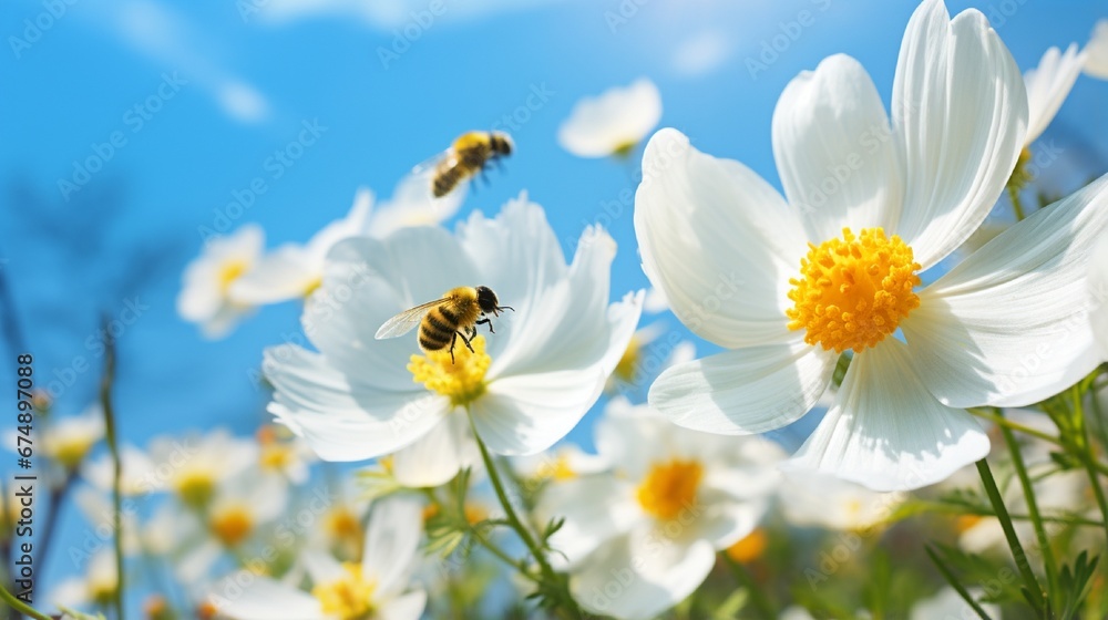 Detail with shallow focus of white anemone flower with yellow stamens and butterfly in nature macro on background of blue sky with beautiful bokeh. Delicate artistic image of beauty of nature. Detail with shallow focus of white anemone flower with yellow stamens and butterfly in nature macro on background of blue sky with beautiful bokeh. Delicate artistic image of beauty of nature.