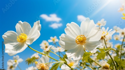 Detail with shallow focus of white anemone flower with yellow stamens and butterfly in nature macro on background of blue sky with beautiful bokeh. Delicate artistic image of beauty of nature.