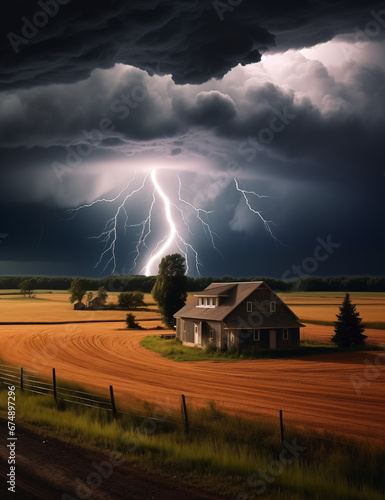 Lightning over a picturesque farm house.