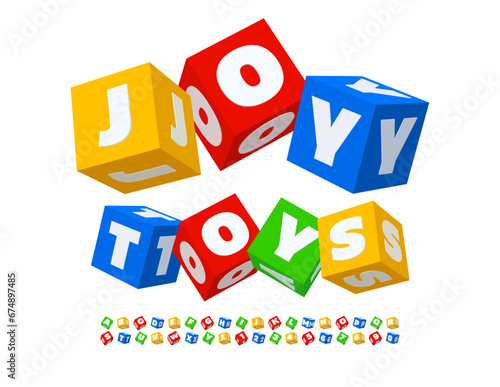 Vector creative poster Joy Toys. Cubes bright Font. 3D colorful set of Alphabet Letters and Numbers