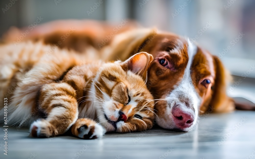 Dog and cat napping together