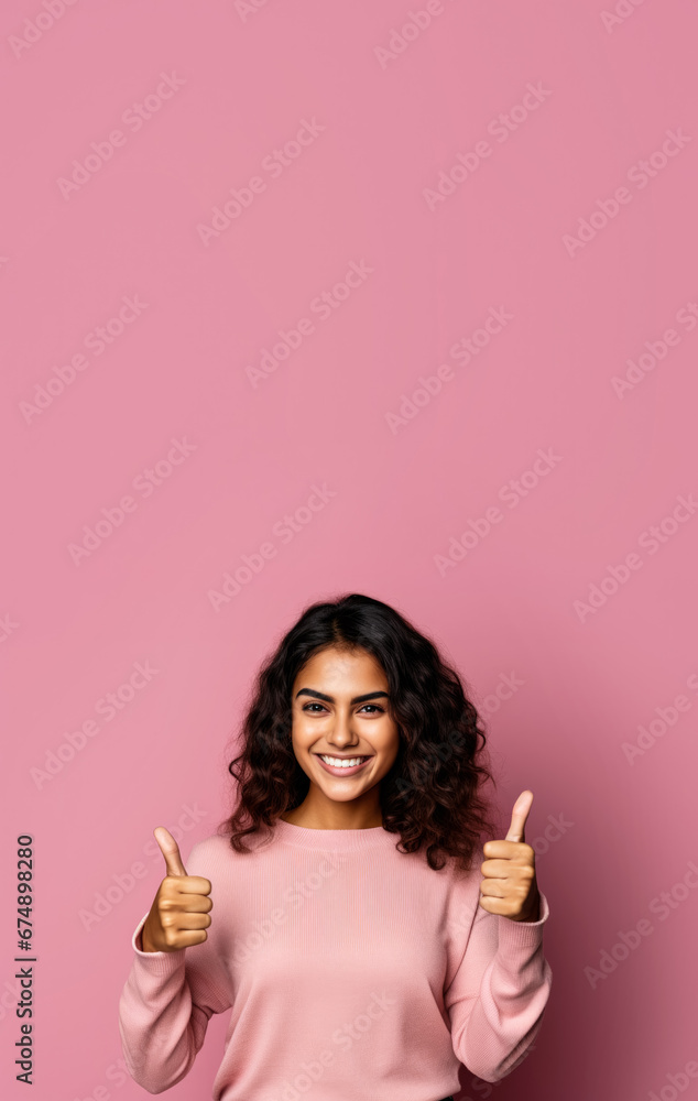Happy smiling young woman, showing approving thumbs up, studio portrait pink background - vertical banner copy space above. Generative AI Happy smiling young woman, showing approving thumbs up, studio portrait pink background - vertical banner copy space above. Generative AI