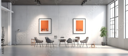 Office room with armchairs and computers on the tables near windows. Light grey office room with modern minimalist furniture  3D rendering no people