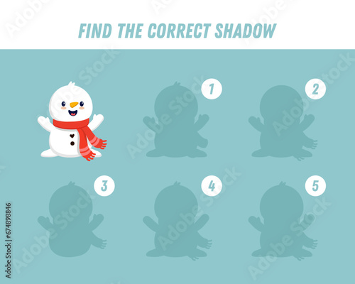 Find correct shadow of cute snowman. Educational logical game for kids. Christmas game. Cartoon funny snowman. Vector