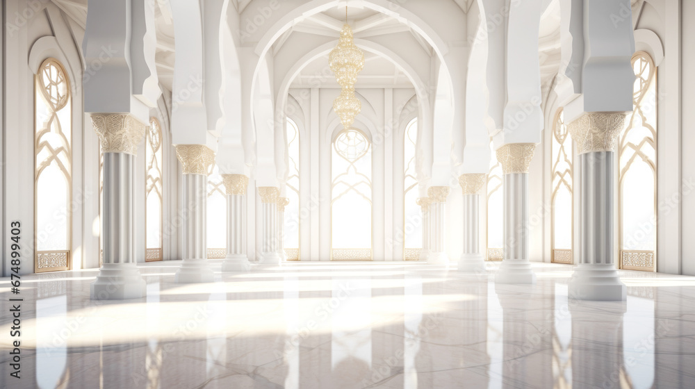 White Golden Luxury Palace Mosque Interior with Sunny Windows and Columns.