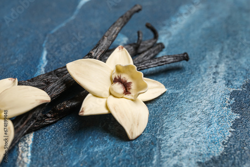 Aromatic vanilla sticks and flower on blue background