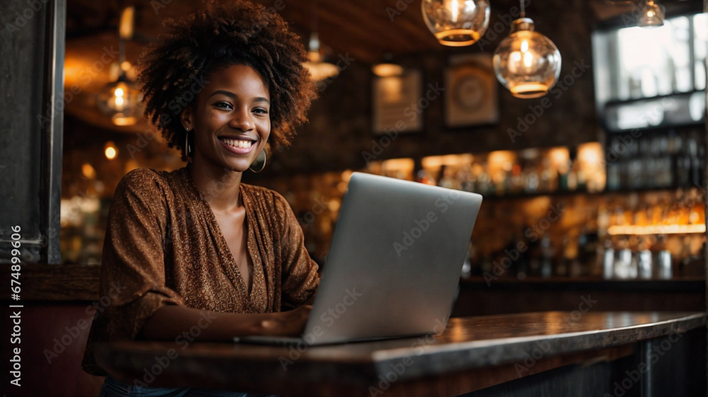 Beautiful young woman working on laptop, girl freelancer or student with computer in cafe at table, looking in camera. space for text Beautiful young woman working on laptop, girl freelancer or student with computer in cafe at table, looking in camera. space for text