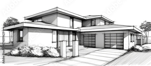 Architecture 3d rendering illustration of modern minimal house on white backgroundArchitecture 3d rendering illustration of modern minimal house on white background