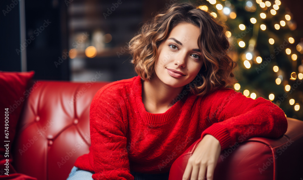 Obraz premium Holly Jolly Christmas: Charming Lady Relaxing on Sofa with Festive Backdrop