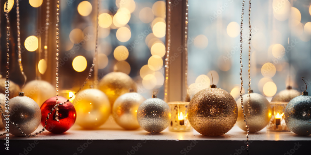 Naklejka premium Yuletide Glow: Festive Window Scene with Burning Candles and Garland