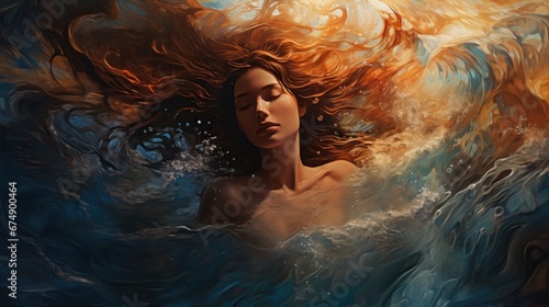 A painting of a woman floating in a body of water © Maria Starus