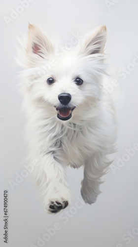 A small white dog running through the air © Maria Starus