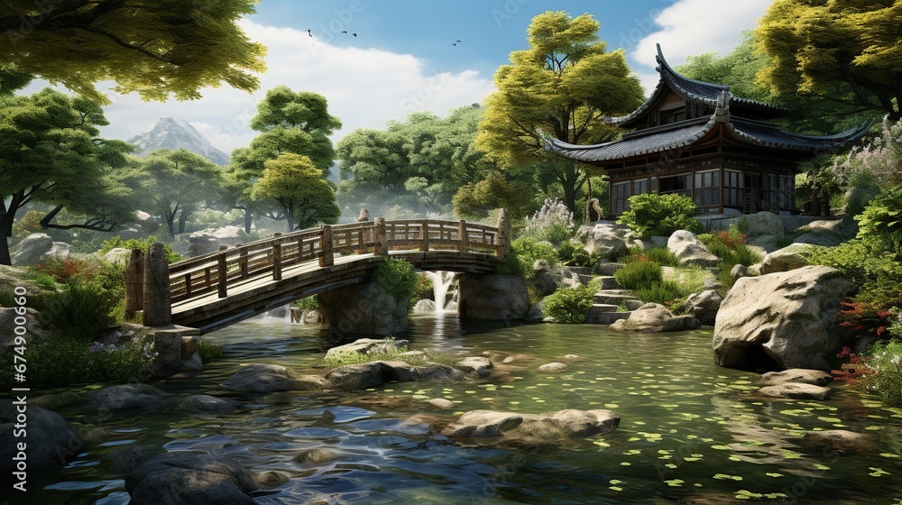 Nature landscape with bridge and river. Vector illustration in cartoon style. A river with a small waterfall and a log bridge Nature landscape with bridge and river. Vector illustration in cartoon style. A river with a small waterfall and a log bridge