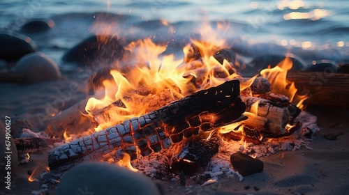 A campfire on a beach with rocks and water in the background