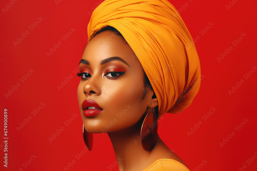 portrait of a stunning dark-skinned african american woman with creative make-up and with a turban on a yellow background. generative ai
portrait of a stunning dark-skinned african american woman with creative make-up and with a turban on a yellow background. generative ai