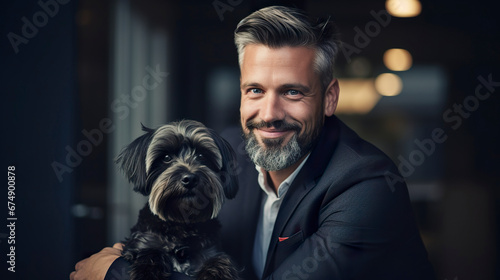 A businessman, impeccably dressed in a suit, lovingly holds a Zwerg Schnauzer. In a contrast between formality and affection, a man with his small, loyal dog in his arms.