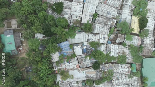 Top aerial view of Rohingya refugee camp, Ukhiya, Cox's bazar, Bangladesh. 4k smooth video footage. photo