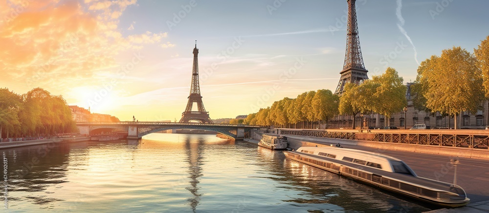 Beautiful sunset over Eiffel Tower and Seine river with people silhouette - obrazy, fototapety, plakaty 