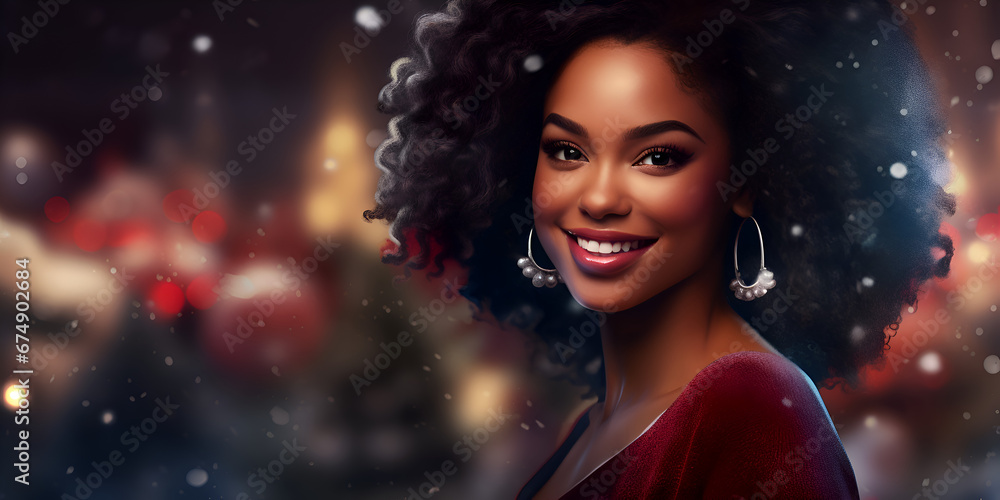 Portrait of beautiful Afroamerican woman, blurred background with lights and copy space Portrait of beautiful Afroamerican woman, blurred background with lights and copy space