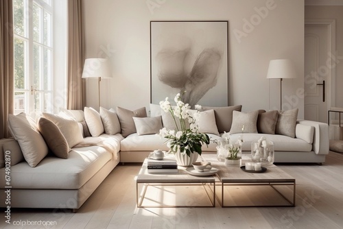 sofa in beautiful living room, beige, taupe, interior magazine photography photo