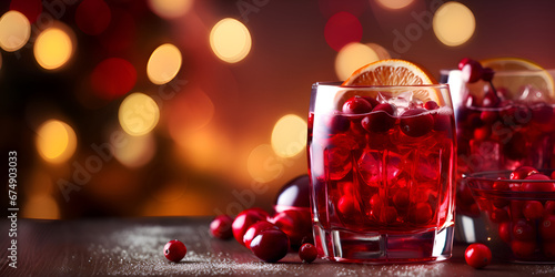 Delicious red winter cranberry cocktail with ice on table with blurred lights background 