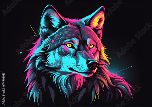 illustration design of a wolf on the black background Vibrant T-shirt design. AI Generative
