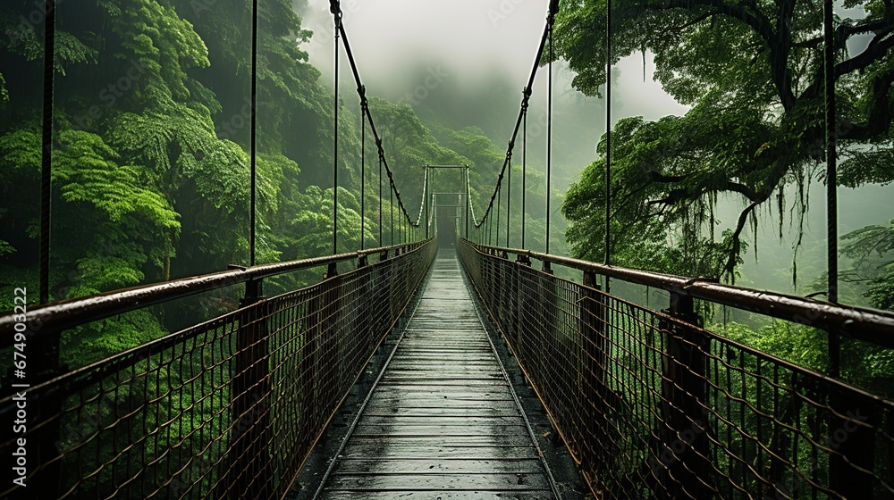 Obraz premium Perspective view of empty suspension bridge with green trees growing in misty and rainy forest in costa rica