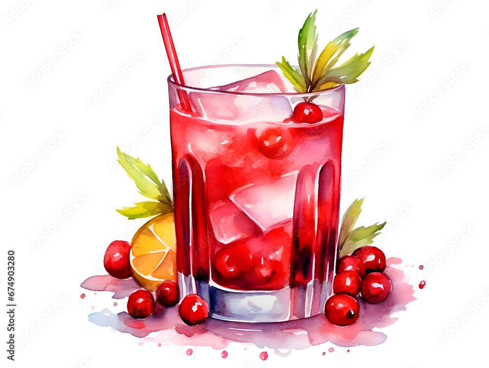 Watercolor illustration of a red cranberry cocktail in a glass isolated on white background   - obrazy, fototapety, plakaty 