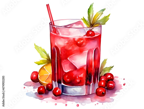 Watercolor illustration of a red cranberry cocktail in a glass isolated on white background  