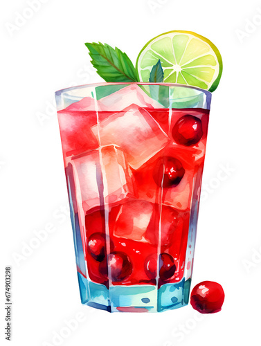 Watercolor illustration of a red cranberry cocktail in a glass isolated on white background 