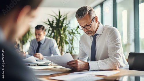 Wallpaper Mural Busy Latin business man investor checking bank document at office team meeting. Consultancy advisory services concept. generative AI Torontodigital.ca
