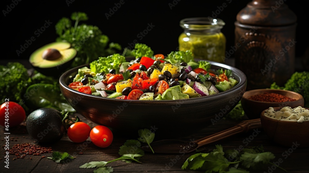 Vegan greek salad with kalamata olives, cherry tomato, yellow paprika, cucumber and red onion, healthy mediterranean diet food, low calories eating. White table background, top view