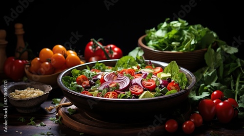 Vegan greek salad with kalamata olives  cherry tomato  yellow paprika  cucumber and red onion  healthy mediterranean diet food  low calories eating. White table background  top view